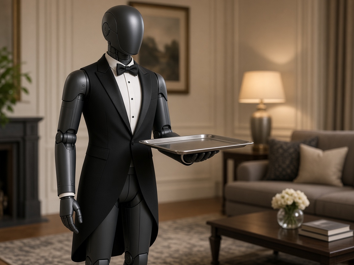 Robot in butler tailcoat holding tray