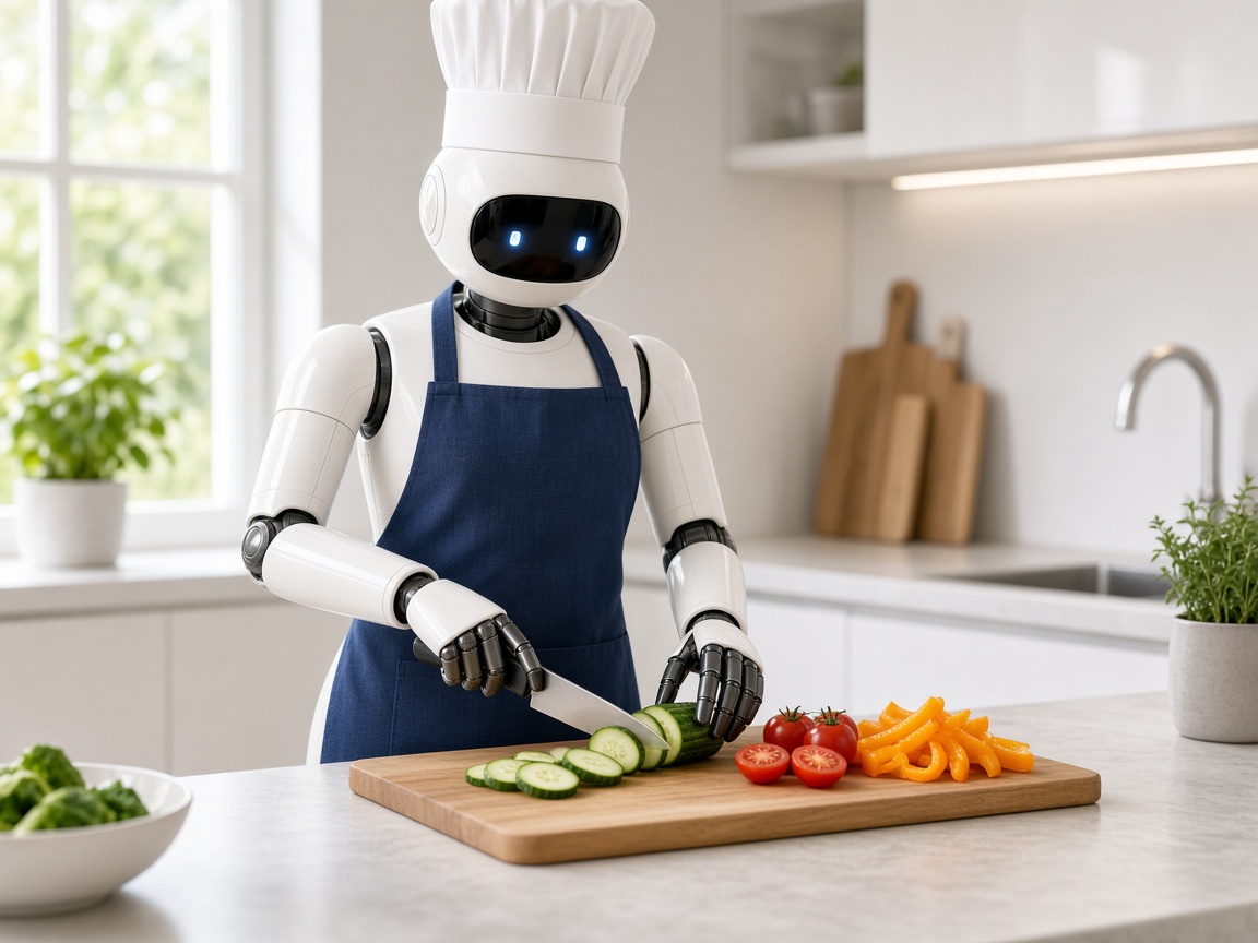 Robot in navy chef apron and hat