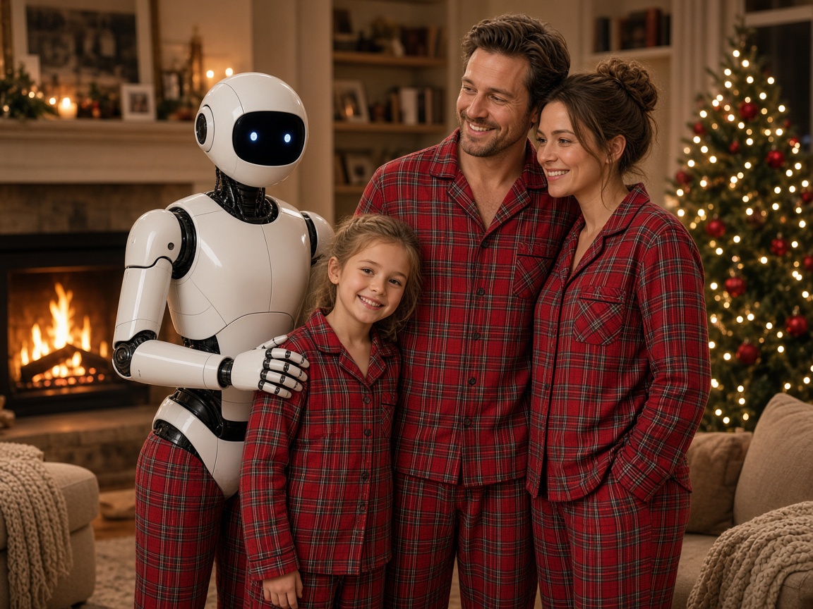Robot in matching plaid pajamas with a family