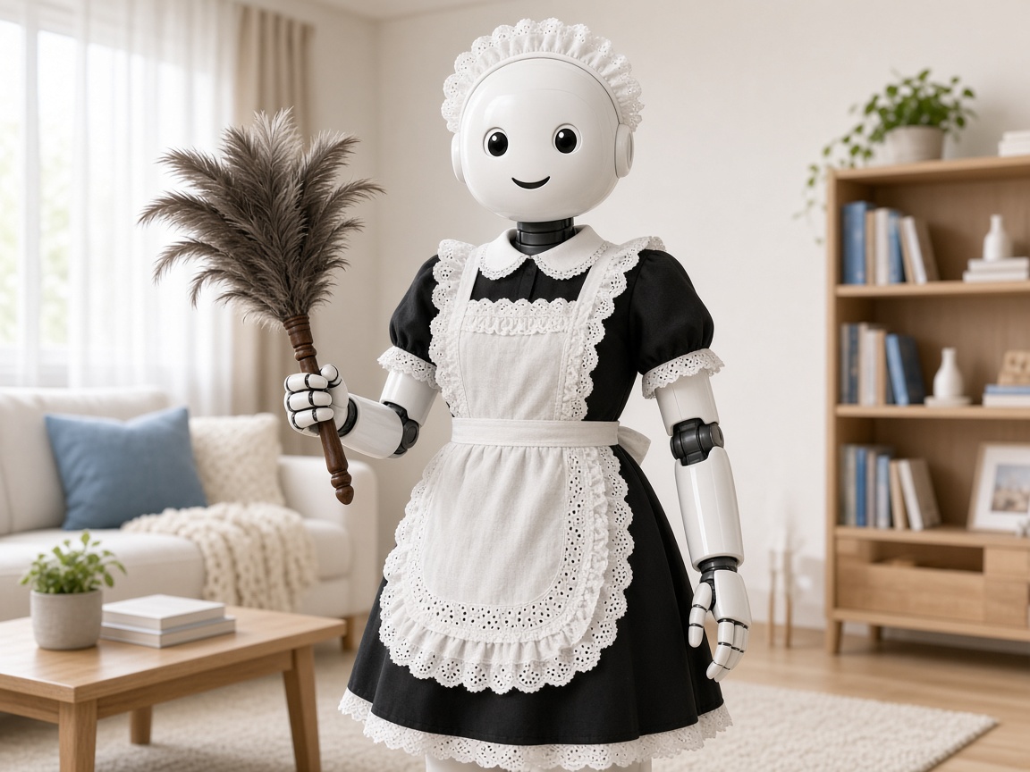Robot in classic black and white French maid outfit with feather duster