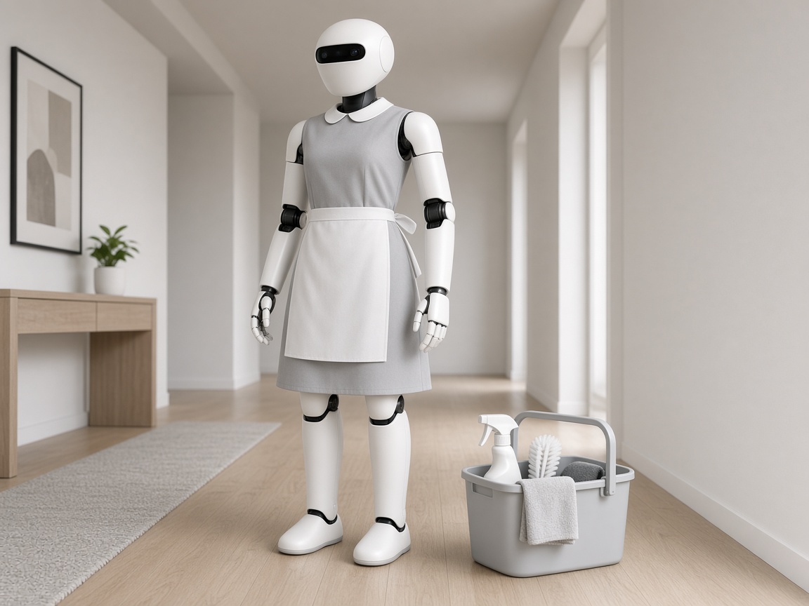 Robot in gray housekeeping maid uniform with cleaning caddy