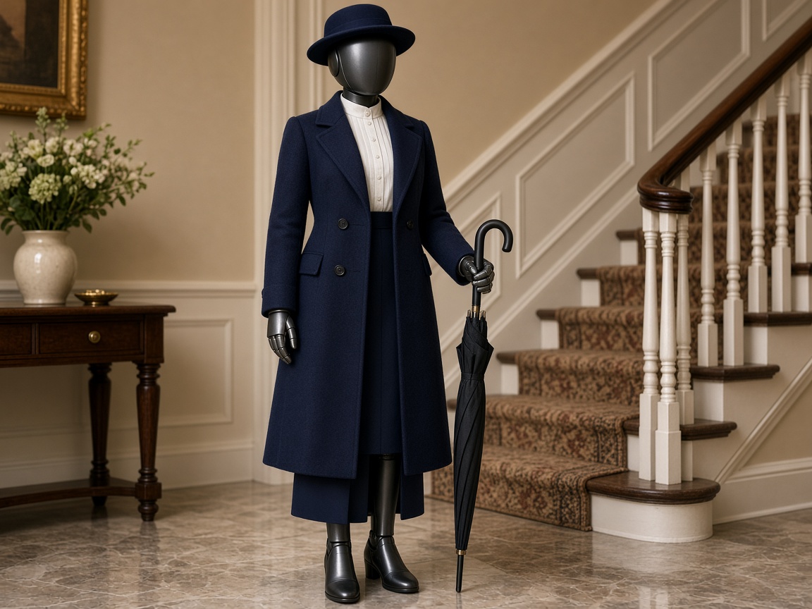 Robot in British nanny coat and hat holding an umbrella