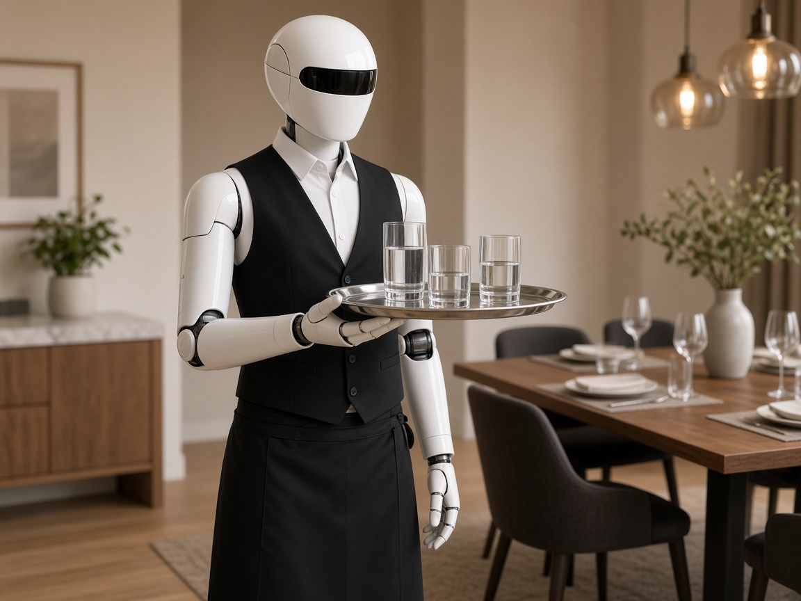 Robot in black vest white shirt and waist apron holding a serving tray
