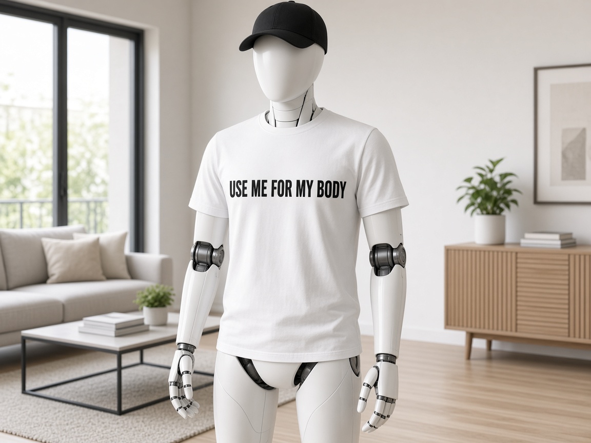 Robot in black baseball cap and white tee that says Use me for my body