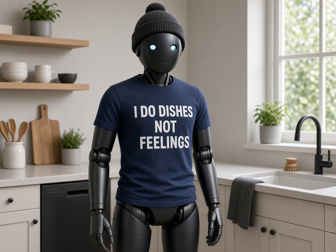 Robot in beanie and navy tee that says I do dishes not feelings